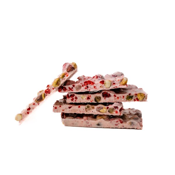 BÍLÁ lámaná čokoláda 32% s pistáciemi a lyofilizovanými malinami