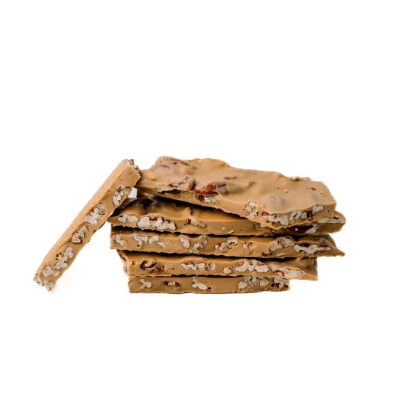 KARAMELOVÁ lámaná čokoláda 30,4% s praženými pekanovými ořechy - 100g