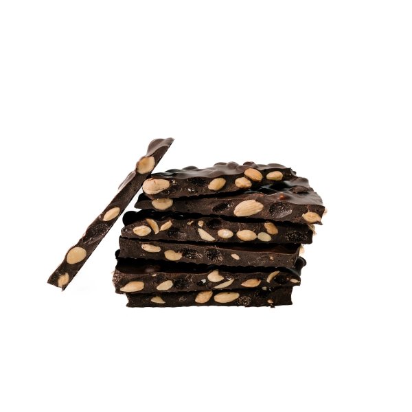 HOŘKÁ lámaná čokoláda 57,7% s praženými mandlemi ořechy - 100g