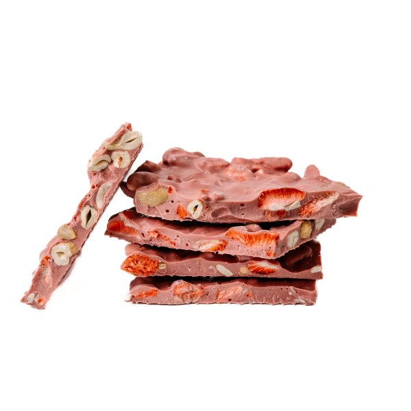 Lámaná RUBY čokoláda 47,3% s Kešu & Lyofilizovanými jahodami 100g